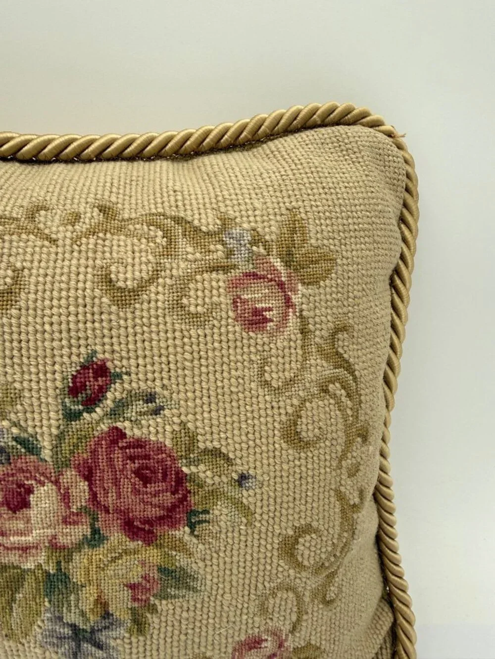 Vintage Floral Needlepoint Throw Pillow With Gold Rope Trim